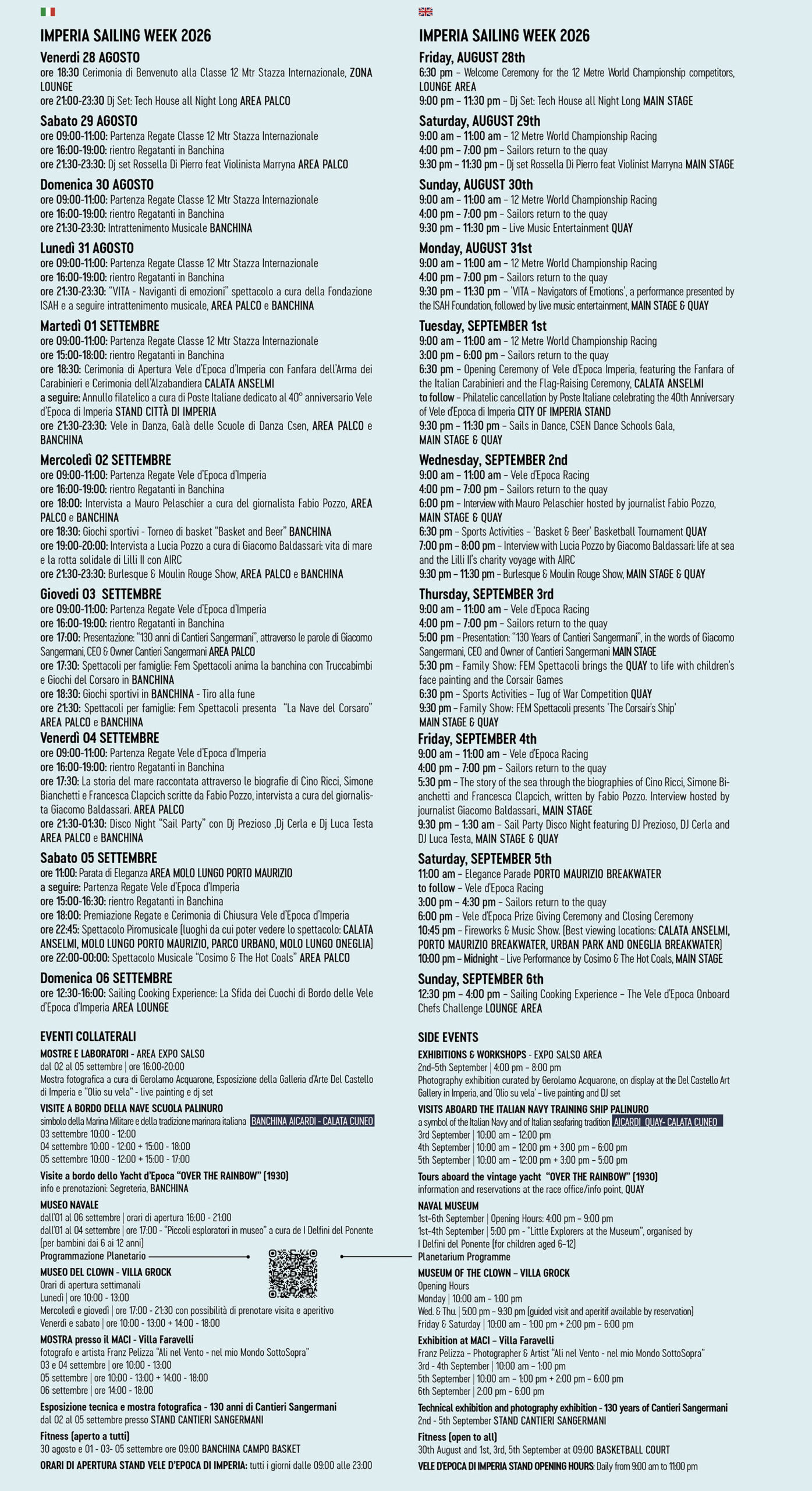 Events program Vele d'Epoca di Imperia 2026